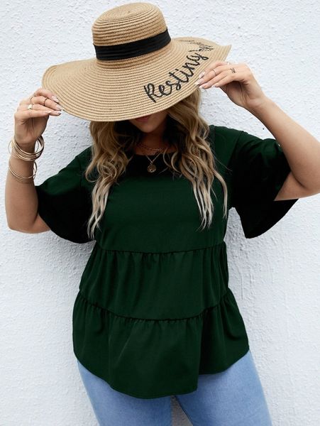 

plus flounce sleeve ruffle hem blouse 21yu#, Black