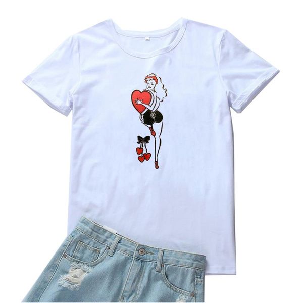 

women's t-shirt girl holding a heart t shirt women vogue print tshirt casual o-neck camiseta mujer grunge aesthetic t-shirts, White