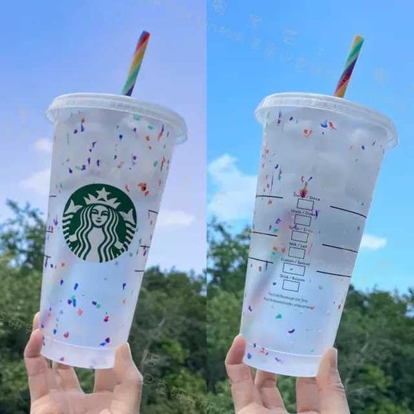 

24oz/710ml starbucks rainbow plastic tumbler mug reusable clear drinking flat bottom cup pillar shape lid straw mug bardian tumblers loves