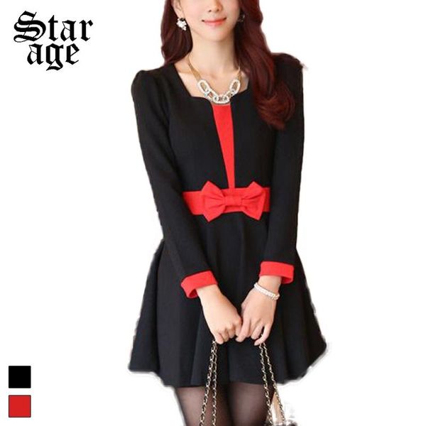 

casual dresses -3xl brand elegant ladies faux two piece contrast color long sleeve a-line bow autumn big size women clothes 9921, Black;gray