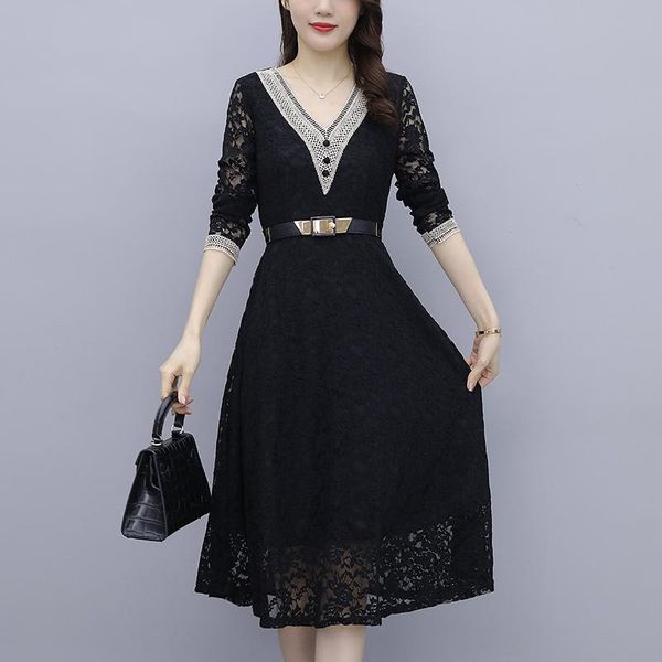 

casual dresses coigarsam women dress autumn 2022 office lady korea style long sleeve solid lace v-neck wine red black robe, Black;gray