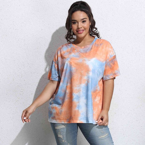 

women's plus size hy363008# large tie dye printing casual t-shirt blouse