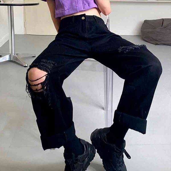 

mom holes black chic women jean harajuku wide leg hip-hop mopping vintage summer high street straight denim pants, Blue