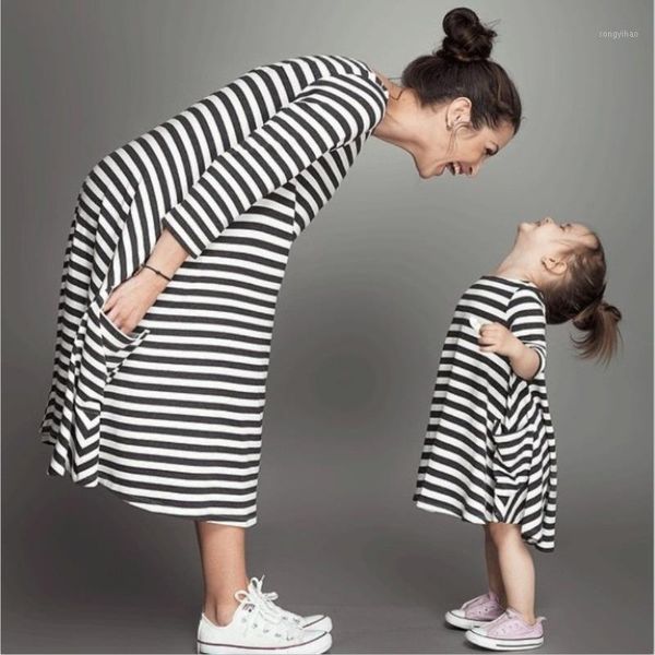 

family mom and girl's wear long sleeve stripe casual pocket a-line shift dress dresses, Black;gray