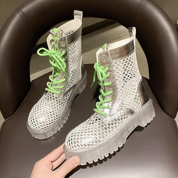 

boots summer women ankle hollow out platform fashion jelly soles lace up shoes mesh casual botas mujer 2021, Black