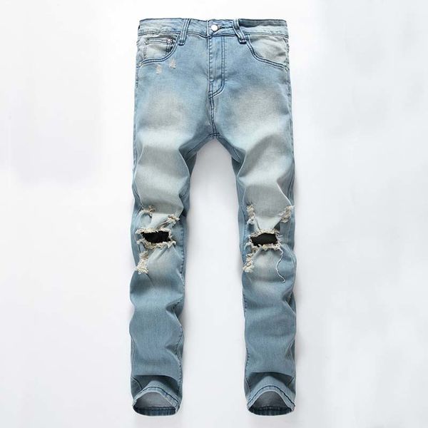 

men casual jeans denim pants straight distressed knees holes regular, Blue
