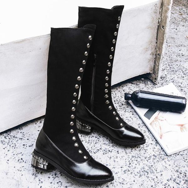 

boots women cool metal decoration socks fashion thick high heel shoes over the knee thigh suede long, Black