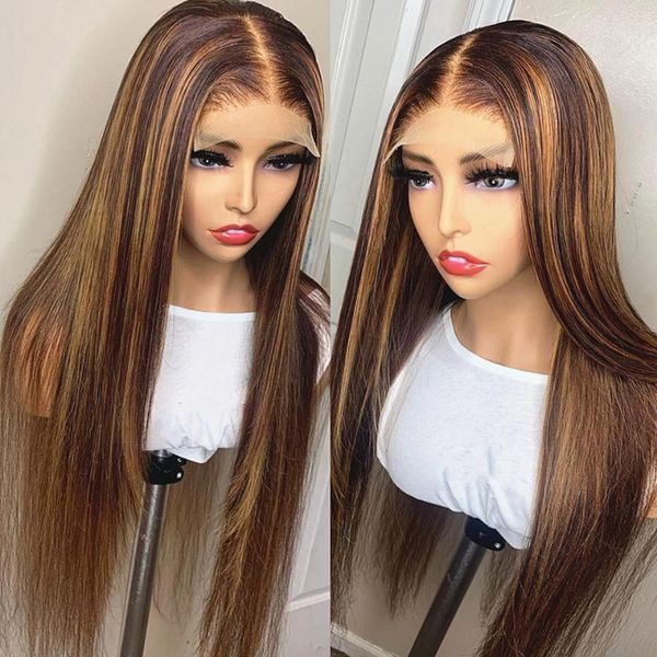 

lace wigs straight highlight wig t part front human hair 150% with baby brazilian remy pre plucked bleached kots jko, Black;brown