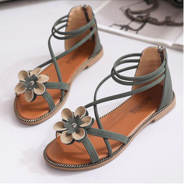 

women sandals cross strap flower rome shoes zipper summer beach casual flats comfortable fashion leather daily walking, Black