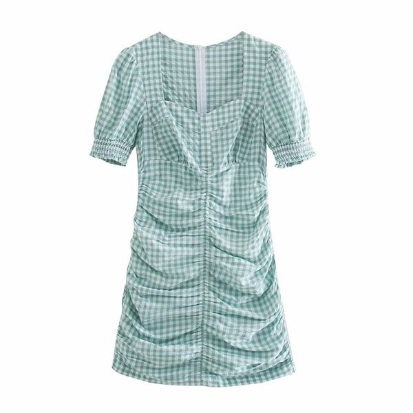 vintage senhoras vestidos casuais verão moda mulheres joelho-comprimento verde xadrez feminino meados de meninas vestido 210430