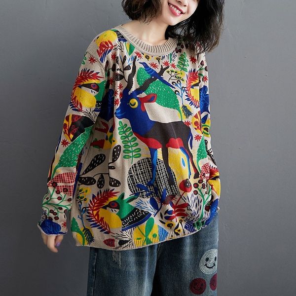 

oversized women autumn casual sweaters new arrival streetwear vintage print loose comfortable female knitted pullover s1703 210412, White;black