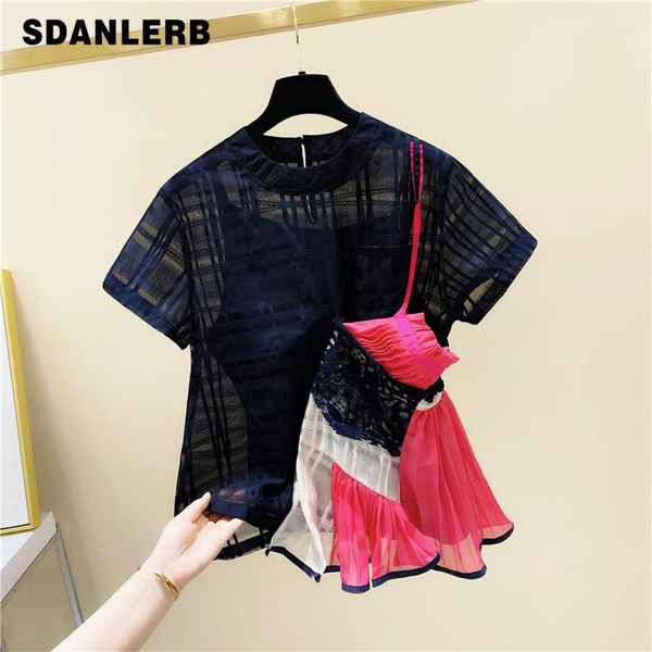 

women's t-shirt 2021 summer lace strap stitching fake two-piece jumper organza irregular short sleeve t shirt female fashion, White