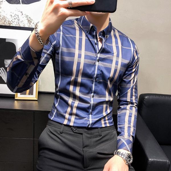 

men's casual shirts men fashion striped plaid long sleeve slim fit business formal social tuxedo chemise homme, White;black