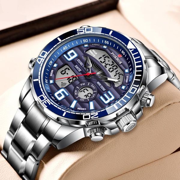 

wristwatches mens watches 2021 foxbox dual display stainless steel sport wrist watch for men waterproof date clock relogio masculino+box, Slivery;brown