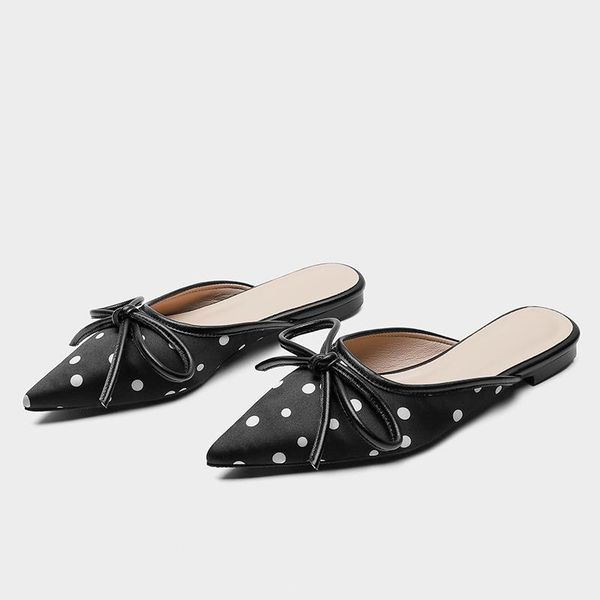 

in spring and summer of 2021, the korean fashion joker polka-dot pointy flat heels wear baotou half slippers women's shoes, Black