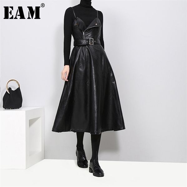 

[eam] new spring autumn solid color strapless black pu leather high waist belt zipper loose dress women fashion tide jd032 210331, Black;gray