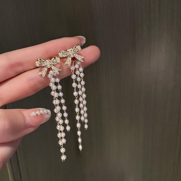 

dangle & chandelier elegant simple pearls drop long earrings graceful geometric bowknot rhinestone for women wedding party jewelry gift, Silver