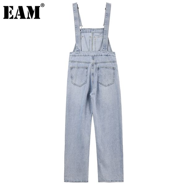 

[eam] high waist light blue long casual strap denim overalls trousers loose fit pants women fashion spring autumn 210512