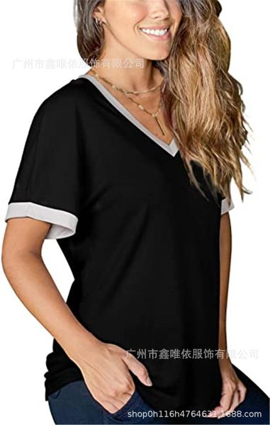

fashion t shirt 2021 women's short sleeve v-neck loose summer casual top, White