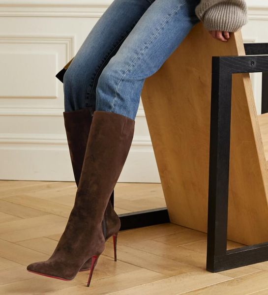 

famous designer winter women eloise botta suede tall boots eclipse red bottom shoes lady pointed toe high heels luxurious party dress booty, Black