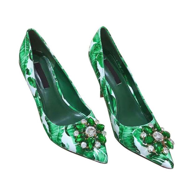 

fashion woman floral diamonds green banana leafs 9cm heel pumps pointed toe high stiletto wedding dress heels shoes, Black