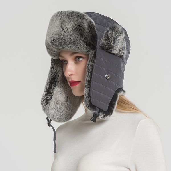 100% reale cappello di pelliccia di coniglio Rex delle donne russo Ushanka Aviator Trapper cappello da sci da neve berretti paraorecchie cappello bomber di pelliccia invernale S2845