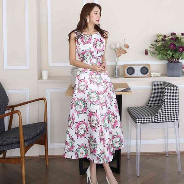 

women elegant dress summer floral printing sleeveless dress female a-line office party slim long dress with belt 210514, Black;gray