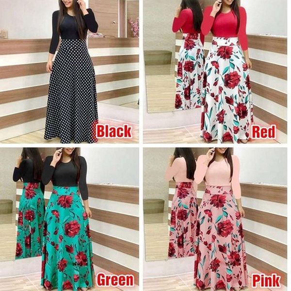 

casual dresses women vintage floral print patchwork long dress sleeve party o neck maxi sundress, Black;gray