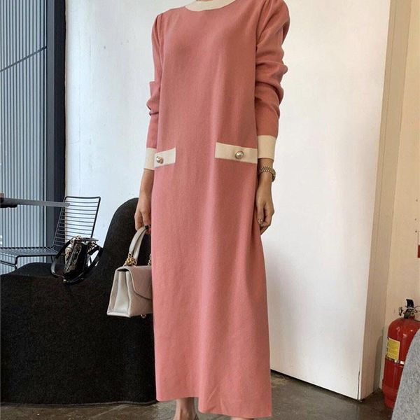 

casual dresses cbafu women loose dress o neck long korean style autumn pink black midi knit vestidos longue femme q028, Black;gray