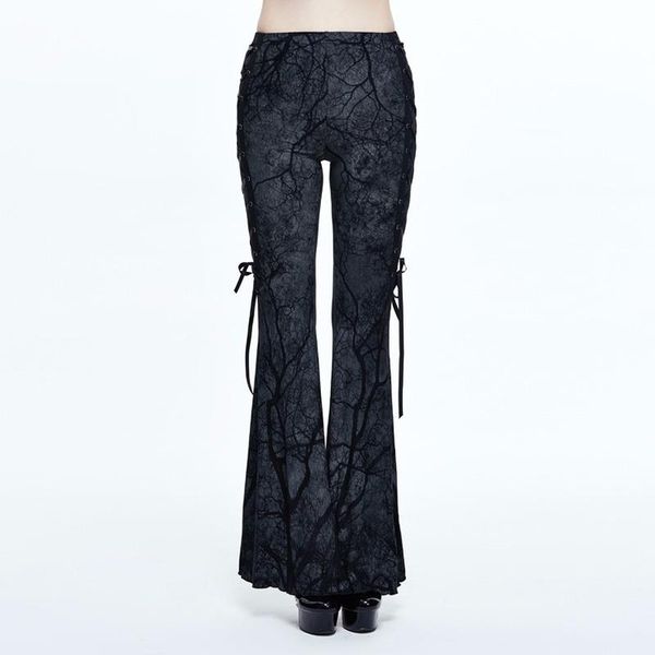

women's pants & capris devil fashion women gothic vintage lace up bandage tree root pattern elastic high waist flare trousers, Black;white