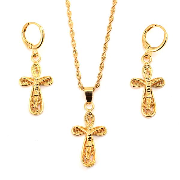 9 k feines gelbes THAI BAHT G/F Massivgold Jesus Kreuz Anhänger Halsketten Ohrringe Sets Damen Hieroglyphen Charm Schmuck