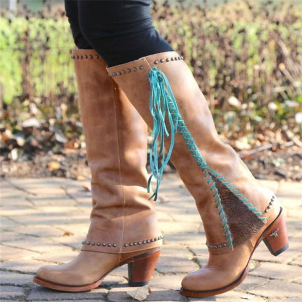 

boots fashion tassel riding women thick heel knee high cowboy 2021 autumn female casual shoes boot, Black