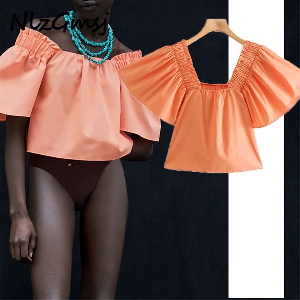 

blouse women summer ruching elastic shoulders cropped female chic off shirt 04 210628, White