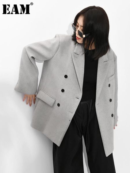 

women's suits & blazers [eam] women gray woolen double breasted blazer notched long sleeve loose fit jacket fashion autumn winter 2021, White;black