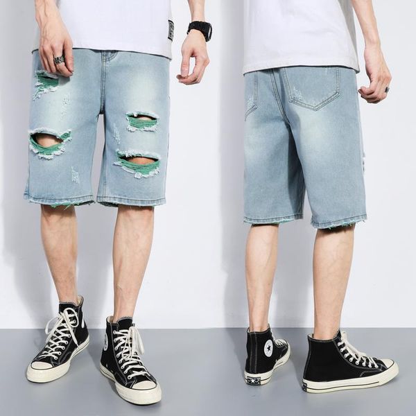 

men's shorts summer men holes short jeans light blue casual denim good quality straight knee length, White;black