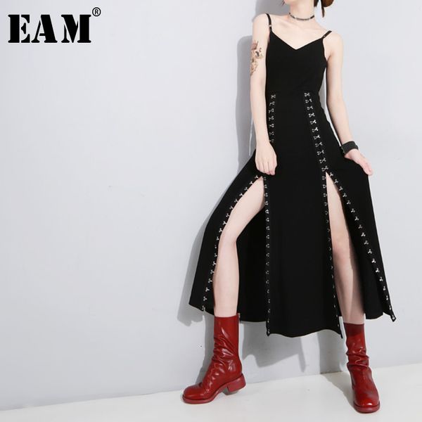 

eam women black vent asymmetrical long spaghetti strap dress new sleeveless loose fit fashion tide spring autumn 2021 1h114, Black;gray