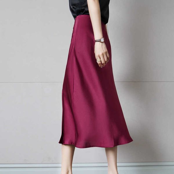 

korean silk skirts heavy midi woman satin women high waist split plus size faldas mujer moda 210604, Black