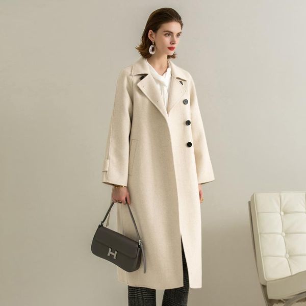 

women's wool & blends female 2021 autumn winter simple design double-sided cashmere blend hepburn style loose single-breasted mid-lengt, Black