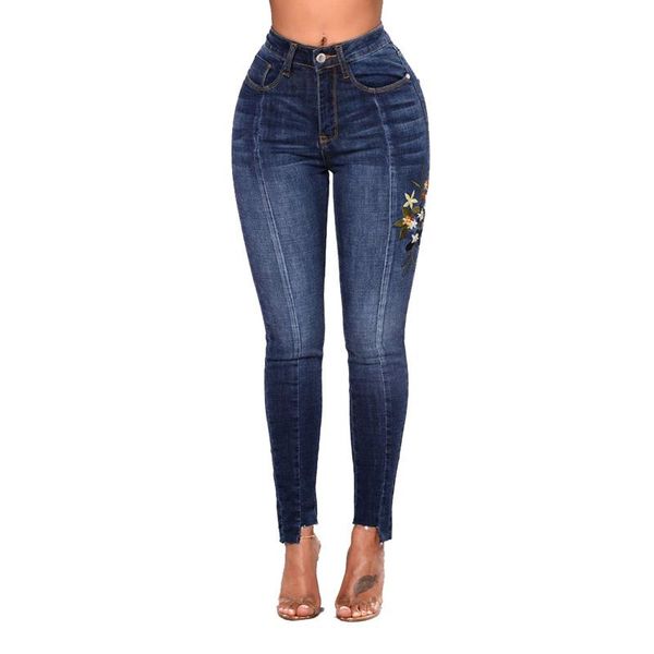 

womens ladies high waisted blue floral skinny fit jeans stretch denim jegging size s-3xl full length pencil pants women's