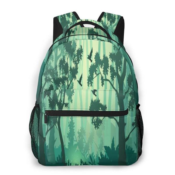 

backpack mountaineering green forest trees bushes and thickets silhouettes shoulder bags backpacks