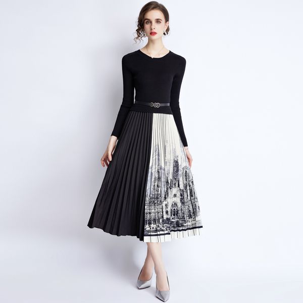 

age concealing medium length dress belly meat hidden knitting stitching contrast pleated large swing skirt autumn 2021 style, Black;gray