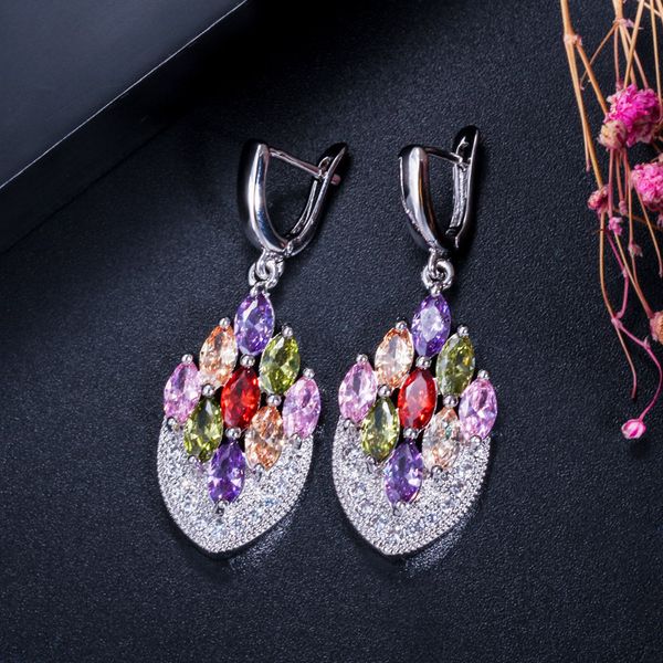 

europe and america luxury wedding jewelry shining crystal dangle long temperament pendant earrings women brand geometric earings, Silver