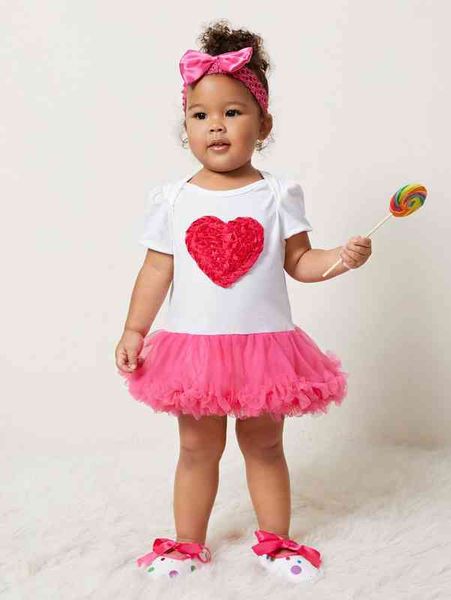 

baby heart pattern contrast mesh bodysuit & shoes & headband she, Blue