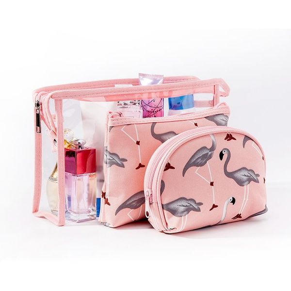 

storage bags transparent pvc washing makeup bag organizer box set 3pcs women waterproof wash flamingo pattern