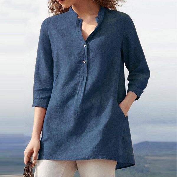 

fashion women shirt button shirts womens autumn blouse casual 3 4 sleeve blusas female v neck plus size woman, White