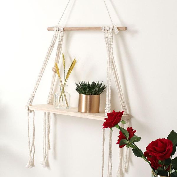 

cilected ins pastoral wooden board rack cotton rope woven tapestry home wall partition potted small object storage deco tapestries