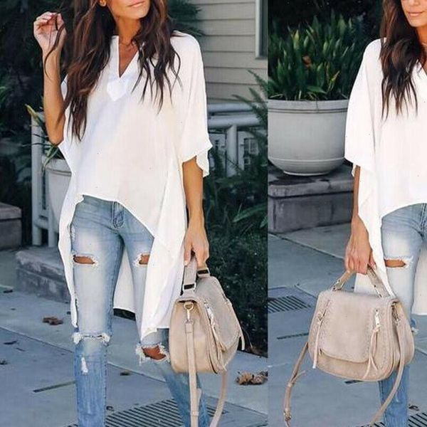 

summer elegant irregular v neck women shirts chiffon soft tunic casual solid breathable half batwing sleeve top, White