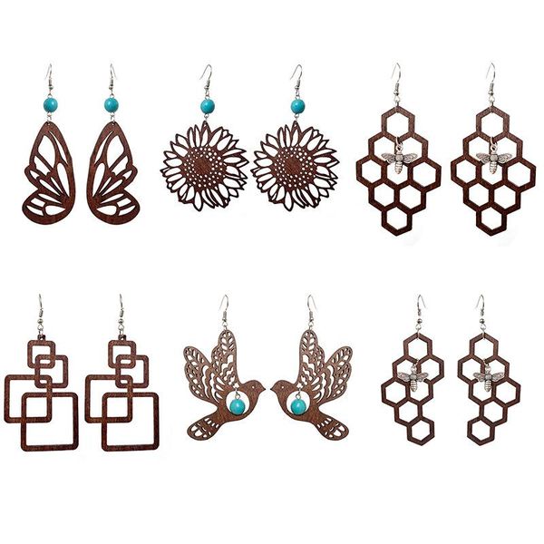 

dangle & chandelier geometric abstract natural wood honeycomb turquoise drop earrings cutout butterfly bird sunflowers jewelry for women who, Silver