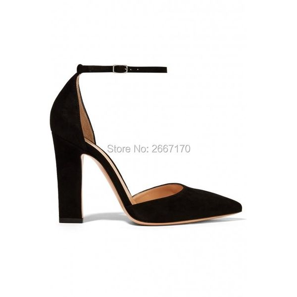 

fashion spring summer shallow shoes woman black suede pointed toe womens pumps buckle ankle strap block heels prom party dress