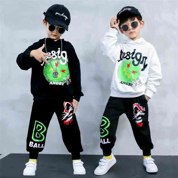 

sale baby boys sport suit autumn white/black hooded sweatshirts and loose trousers teenage school boy outfit kids tracksuits 210622